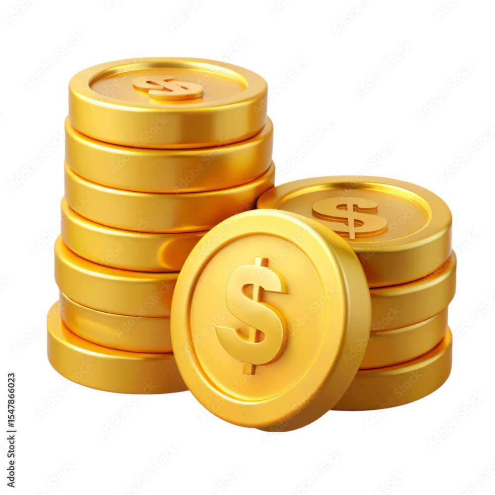 Poster stacks of golden coins representing wealth and abundance 3d rendering plasticstyle icon solated on t