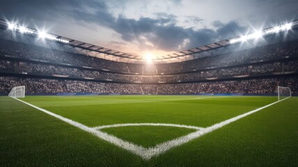 Illuminated professional soccer stadium with field and crowd at twilight