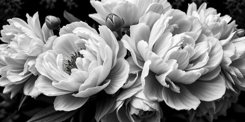 Black & white baroque-style image of vintage peony bouquet Elegant floral pattern, perfect for wallpaper or greeting card, black and white, flower arrangement