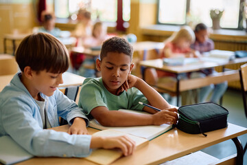 Happy elementary student and his classmate learning during class at school.