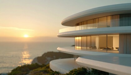 Fototapeta premium Stunning modern house with curved design, large windows, and ocean view at sunset on a rocky coastline.