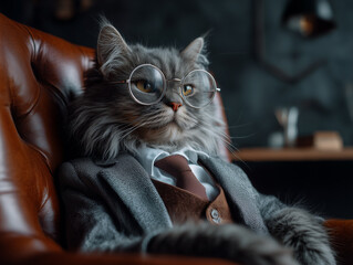 Portrait of a cat businessman in a suit and tie on a leather chair