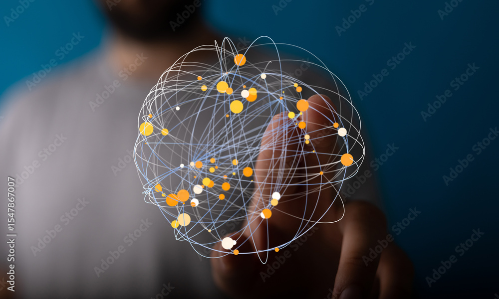 Aufkleber Abstract image of a person interacting with a digital network sphere.  Perfect for technology, connectivity, and global concepts.