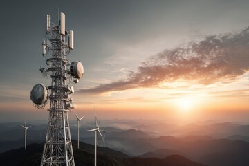 A mountain top with a relay station and wind turbines under a very cloudy sky