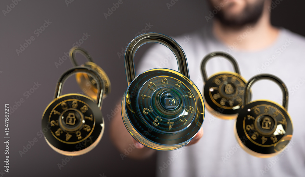 Poster high-quality image of combination locks, ideal for illustrating data security, privacy, and protecti