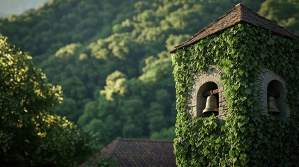 Obraz premium Ivy-Covered Clock Tower Surrounded by Lush Greenery in the Heart of Europe