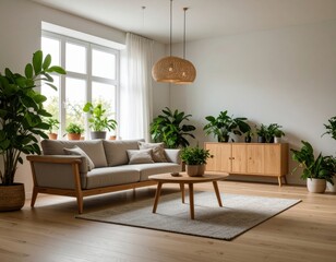 Naklejka premium Bright living room with Scandinavian decor, wooden furniture, and lush indoor plants creating a cozy, inviting atmosphere.
