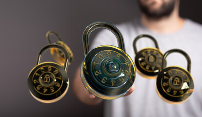 High-quality image of combination locks, ideal for illustrating data security, privacy, and...