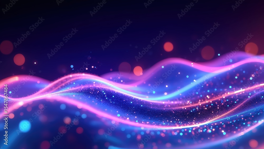 Poster vibrant abstract wave background with glowing particles and bokeh lights in gradient neon blues, pin