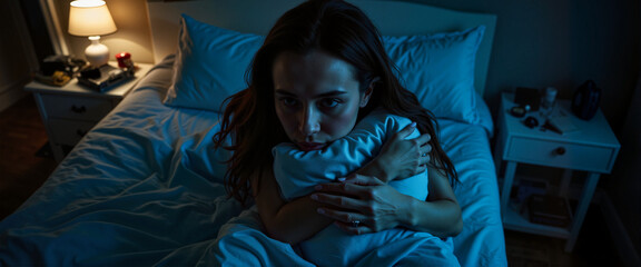 Terrified woman embracing pillow in bed at night, raw vulnerability