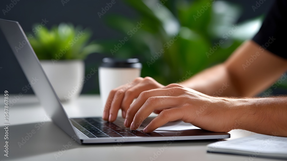 Poster a person's hands typing on a laptop computer at a desk. long_title:a person's hands focused on typin