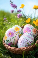 decorated easter eggs in the grass with flower