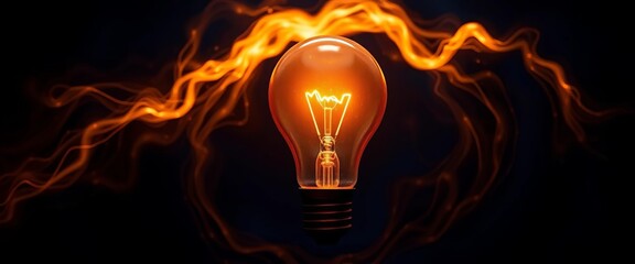 Glowing bulb amidst swirling energy, dark blue backdrop, design, electricity