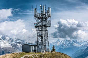 A cell tower situated on a mountain peak overlooking a scenic mountain range in the background. The tower is surrounded by wind turbines, providing clean energy to power the relay station.
