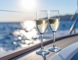 Two champagne glasses on a yacht deck, sparkling ocean in the background, sunlight reflecting on water.