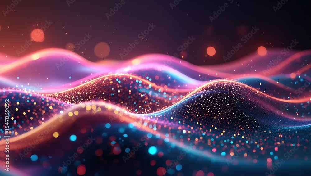 Poster vibrant abstract wave background with glowing particles and bokeh lights in gradient neon blues, pin