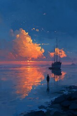 Obraz premium A solitary figure observes the tranquil sunset over the water.