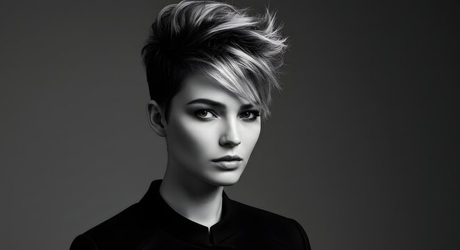 Pixie cut hair. Monochrome photo of stylish woman with edgy pixie hair, dramatic texture and confident look