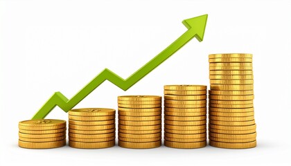 3D bar graph with gold coins and upward arrow, representing financial growth, revenue success, and investment strategy