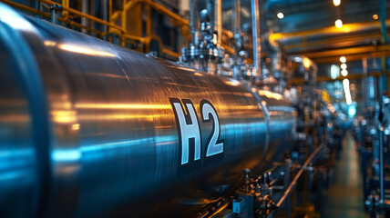 Hydrogen pipeline in industrial facility with H2 label.