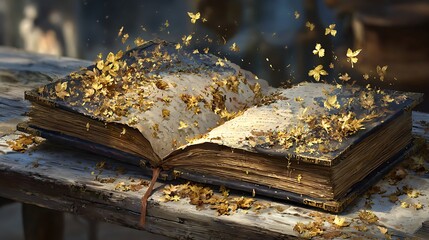 Open antique book with golden embellishments and floating golden leaves.