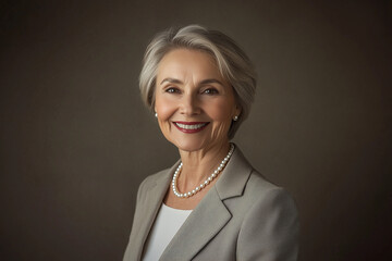Fashionable Mature Lady in Elegant Business Attire and Pearls Standing with Poise Before Neutral-Colored Backdrop.