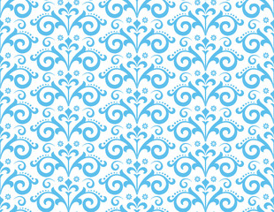 Wallpaper in the style of Baroque. White and blue floral ornament. Seamless vector background. Graphic pattern for fabric, wallpaper, packaging. Ornate Damask flower illustration