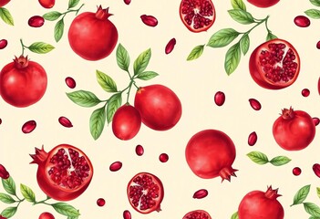 Seamless beige background with illustrated pomegranates and seeds ,  pattern,  vitamin