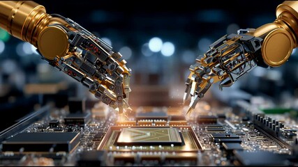 Robot hands are working on the production of circuit boards or chips, electronic components in a modern industrial factory.
- Powered by Adobe