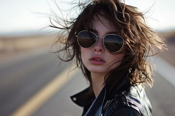Fashionable Model with Windblown Hair and Cool Outfit Embracing Freedom and Adventure in a Remote Desert Road Scene.