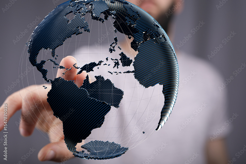 Poster high-quality stock photo of a hand interacting with a digital globe, representing global connectivit