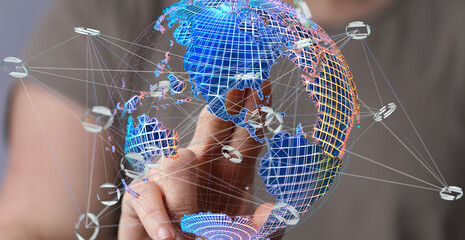High-tech image of a hand interacting with a digital globe, symbolizing global connectivity and...