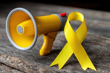 A yellow ribbon stands next to a yellow and gray megaphone on a weathered wooden surface