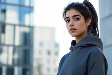 Fashionable Woman with a Sleek Ponytail in a Cropped Hoodie and Joggers, Posing Against a Chic, Minimalist Urban Backdrop.