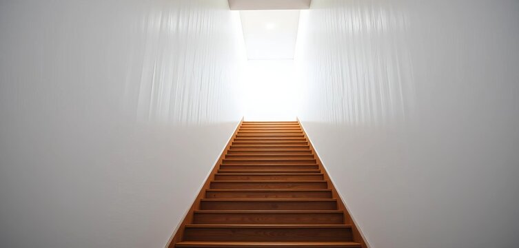 Long white hallway, wooden staircase ascending, ascending, vertical