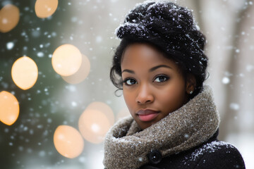 Fashionable Young Woman Bundled in Winter Clothing with Snowflakes on Hair and Twilight Glow in Blurred Background.