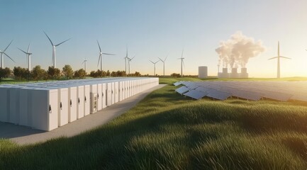 Shot of a modern battery storage facility with white cells and solar panels, surrounded by wind turbines against the backdrop of green fields under a clear blue sky at sunrise.