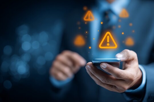 Vibrant photo of businessman holding his smartphone with an exclamation mark icon floating above it, signifying dangerous and poor security concerns on the phone screen. The.