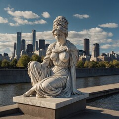 Statue of a Woman in Thoughtful Pose Overlooking the Skyline by the River