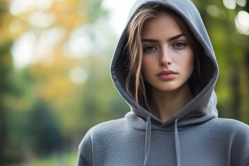 Female Model in Cropped Hoodie and Leggings Posing in an Urban Park Setting with Hair Tied Back – Athleisure Fashion Close-Up Portrait.