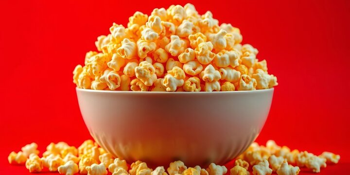 A large bowl overflowing with buttery popcorn against a vibrant red background, bowl, comfort food