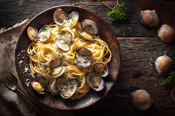Fototapeta premium a steaming plate of spaghetti with clams on a dark rustic wooden table, top-down view, sprinkled parmesan and parsley, dim warm lighting, cozy food photography with Italian ambiance