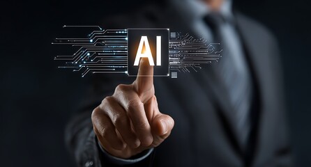 Vibrant photo of businessman is touching an AI icon with his hand on a virtual screen, representing a technology concept. The man, dressed in a suit, is using his finger to.