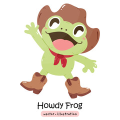 Cute cowboy frog howdy kawaii frog with cowboy hat and boots cartoon vector illustration