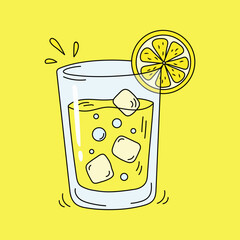 Lemonade. Glass of fresh juice  with slice of a lemon isolated on a yellow background. Refreshing summer drink with lemon, ice cubes, and bubbles. Hand-drawn beverage illustration in flat style