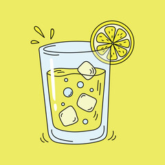 Lemonade. Glass of fresh juice  with slice of a lemon isolated on a yellow background. Refreshing summer drink with lemon, ice cubes, and bubbles. Hand-drawn beverage illustration in flat style