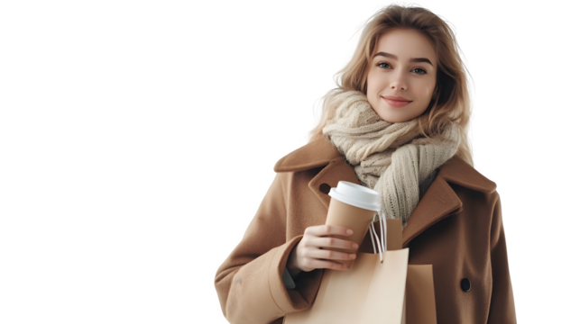 Happy Woman in Winter Coat Holding Coffee - Powered by Adobe