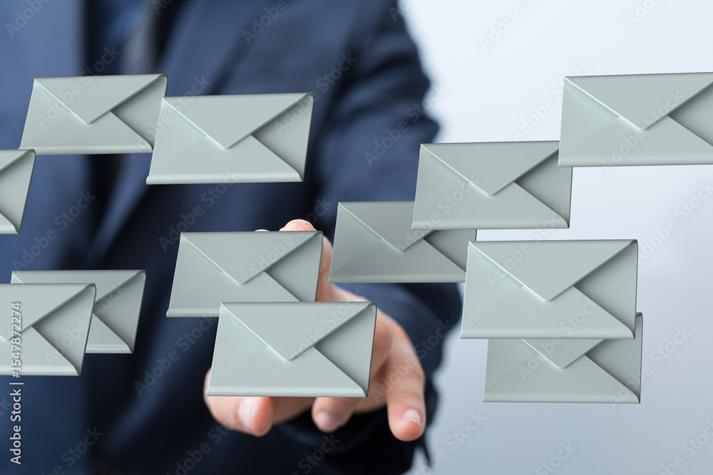 Poster Image of a businessman handling many emails.  Digital communication, inbox, workflow.