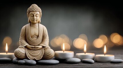Fototapeta premium Serene buddha statue surrounded by candlelight and smooth stones