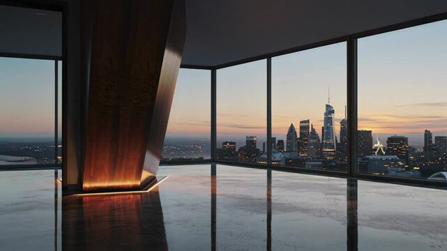 Luxurious penthouse interior with a stunning cityscape at sunset